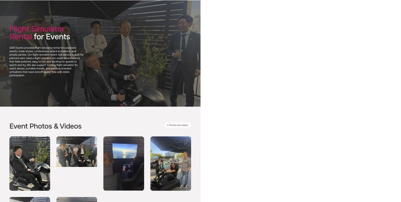 Flight Simulator Rental service page on the SIER Events website