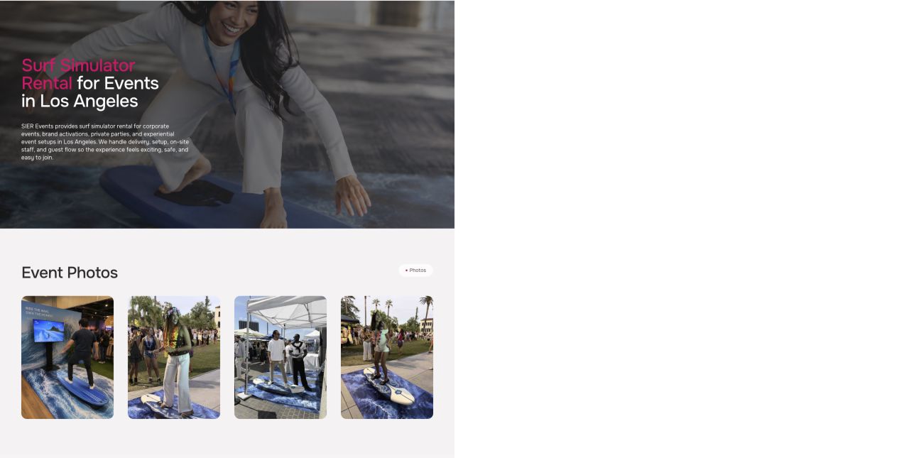 Surf Simulator Rental service page on the SIER Events website